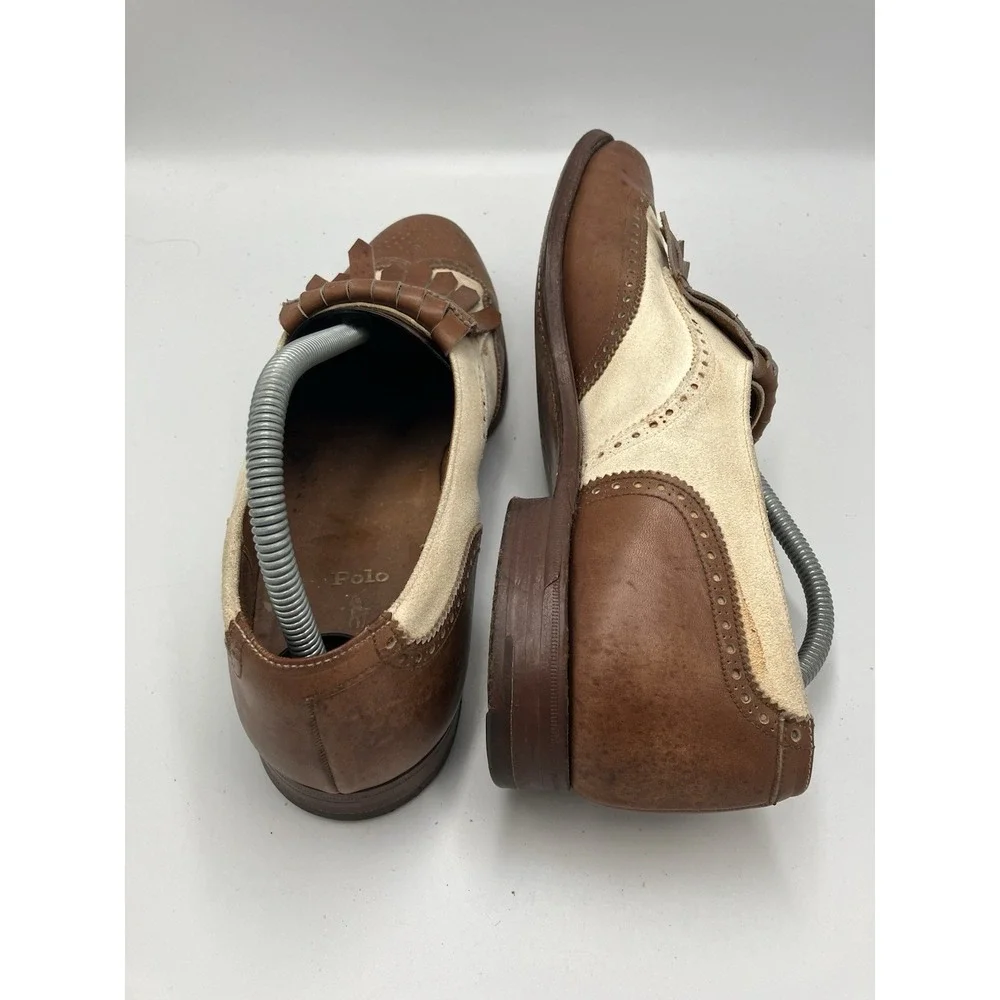 VTG Polo Ralph Lauren Bench Made Leather Shoes England Brown White‎ Size 10.5 D